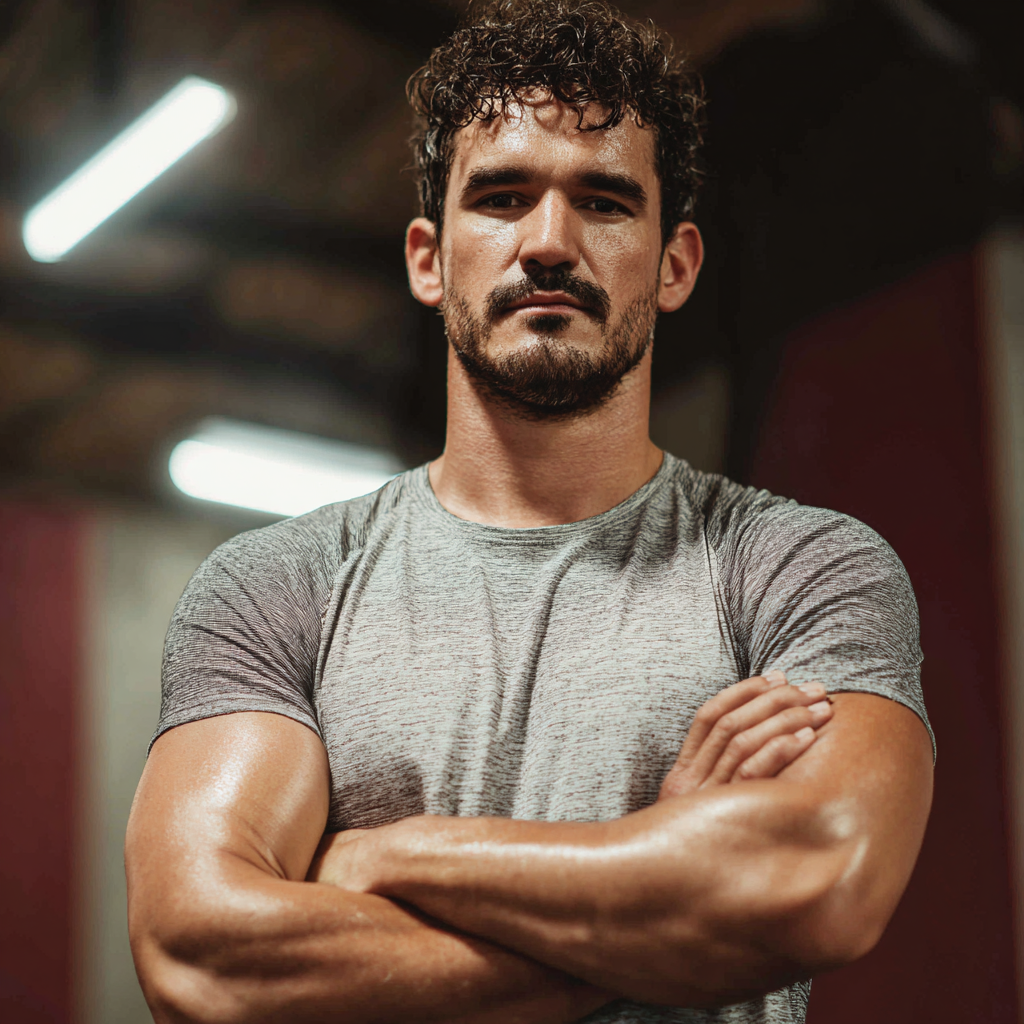 Confident athletic man in gym setting displaying strength and determination